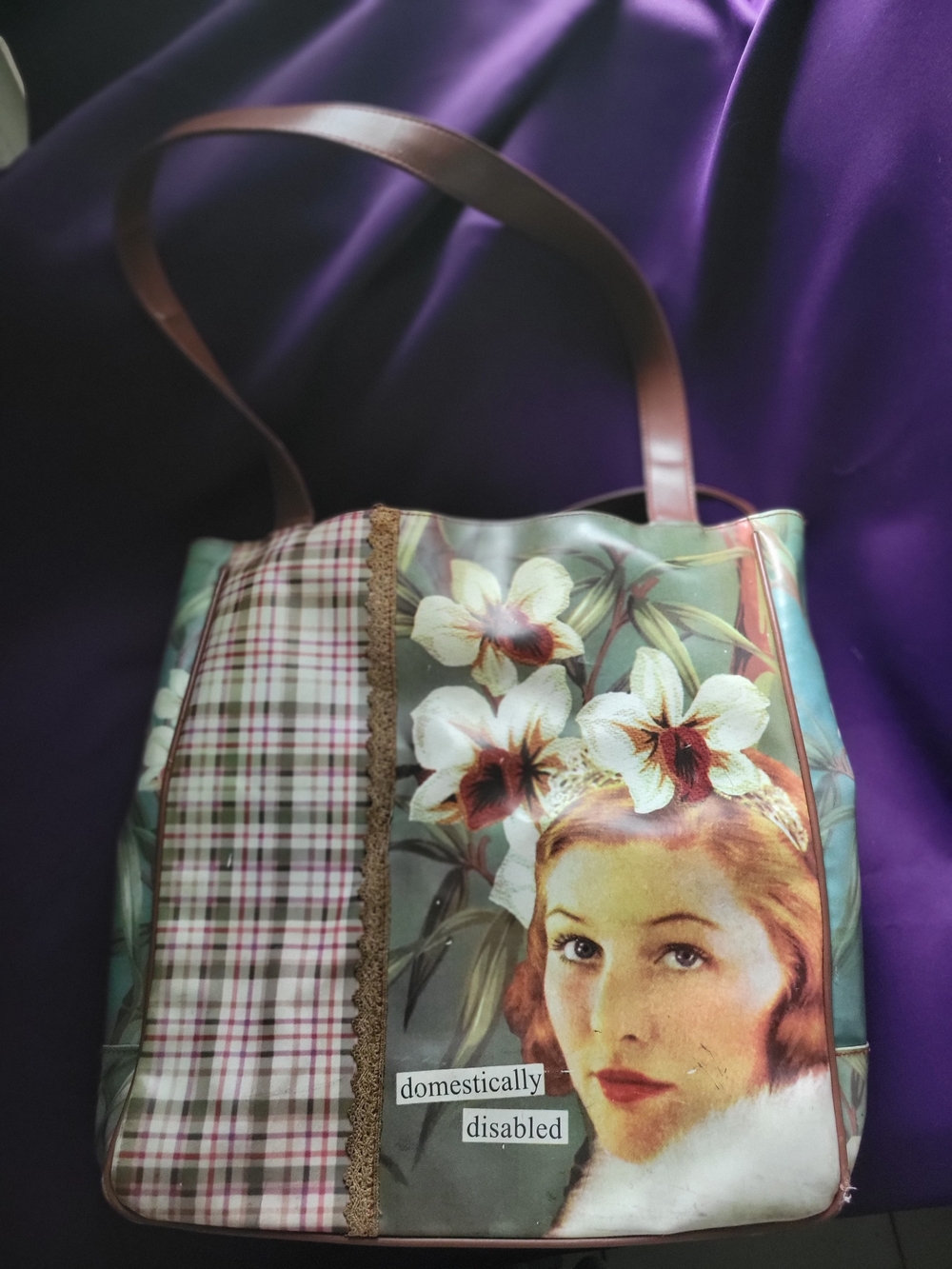 Vintage Floral Portrait Tote Bag in Green and Brown